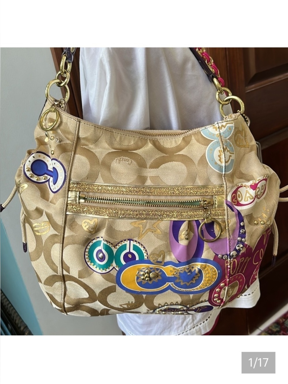 Coach Poppy Rare 15311 signature C Tan & Gold Op Art Graffiti vinyl & Bling